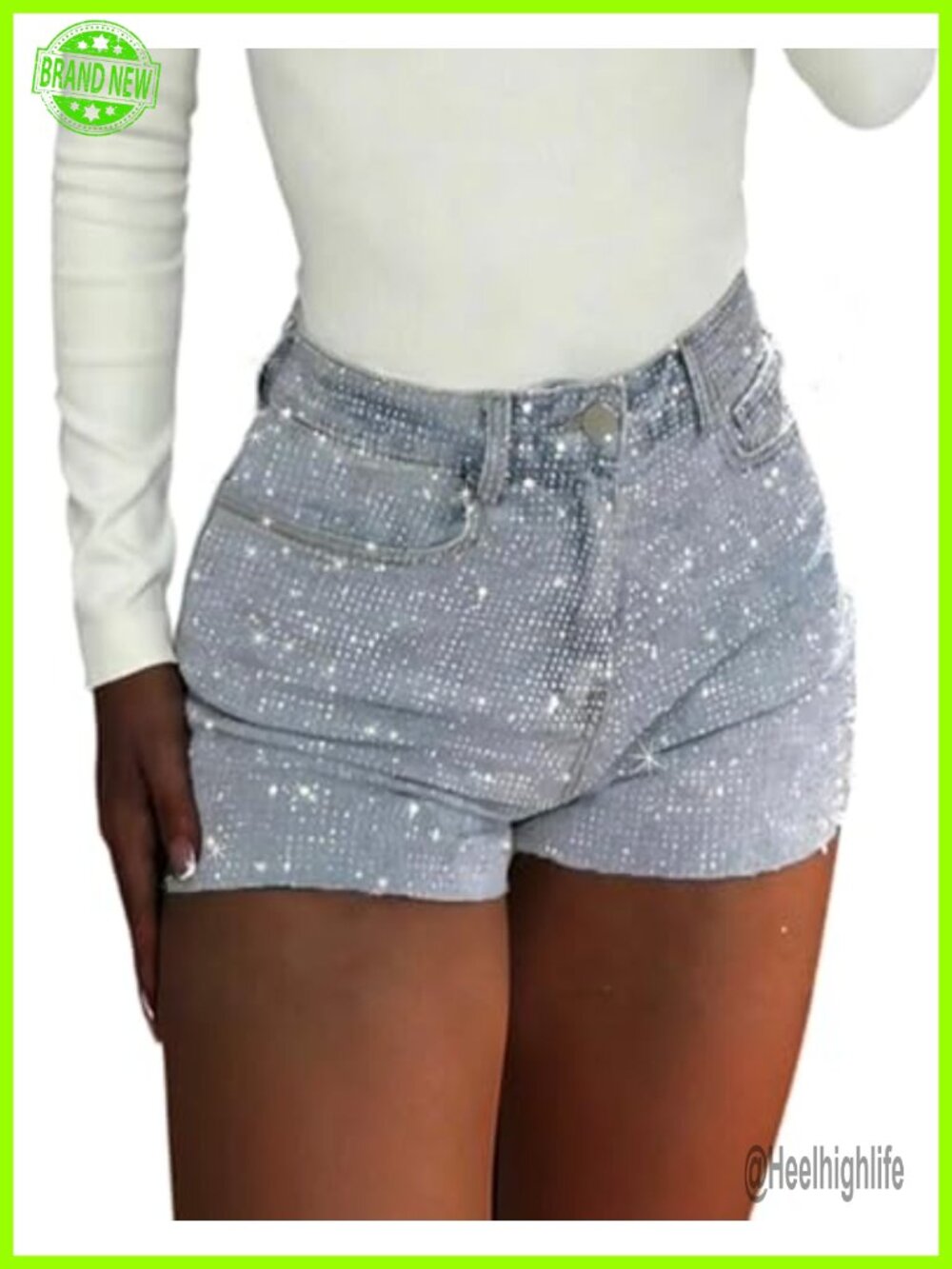 Rhinestone Denim Shorts Sparkly High Rise Jean Shorts for Women